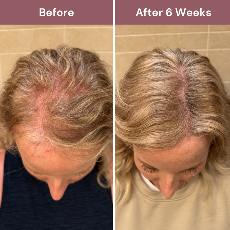 Before and after 6 weeks: top-of-head view with less visible scalp